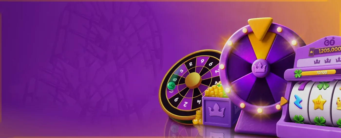 A purple prize wheel, a roulette wheel and a social slot machine showing a large coin balance, with stacks of gold coins and crown symbols on a royal purple and gold background
